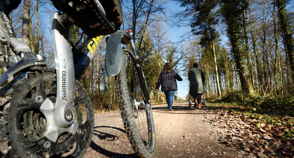 Ein Radfahrer fährt auf einem unbefestigten Weg durch den Wald an zwei Frauen mit einem Kinderwagen vorbei. (Foto: dpa)