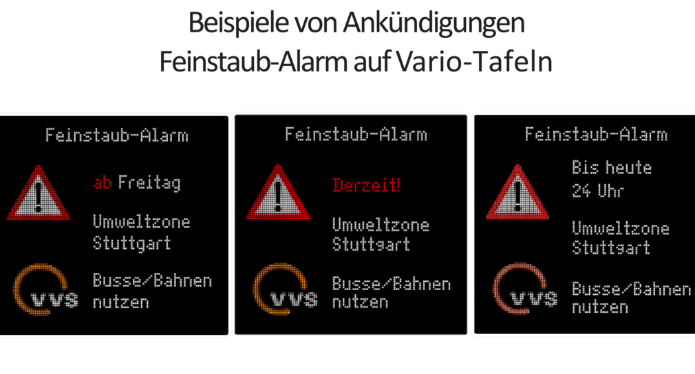Beispiele von Ankündigungen Feinstaub-Alarm auf Vario.Tafeln (Quelle: Stadt Stuttgart)