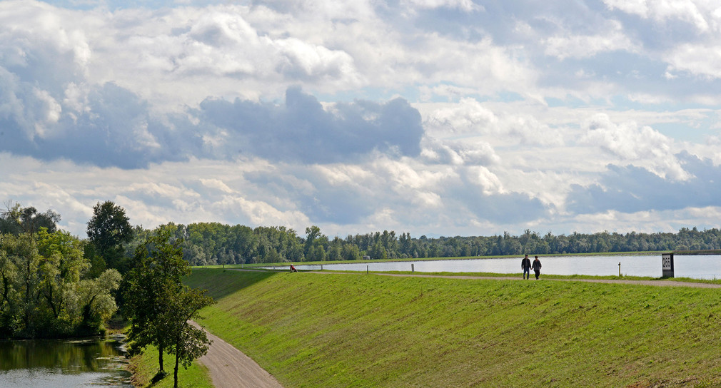 Ein Paar geht auf einem Rheindamm entlang. (Bild: © dpa)