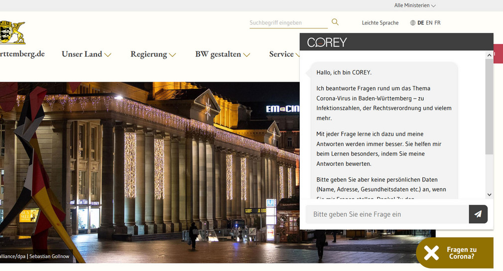 Abbildung der Startseite des Landesportals Baden-Württemberg.de mit „COREY“, dem Corona-Chatbot der Landesregierung