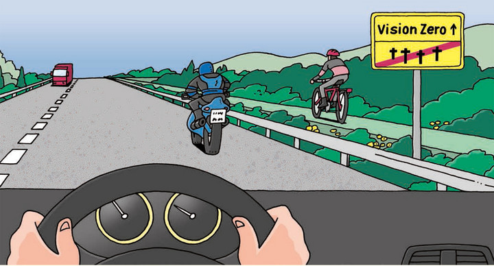 Gezeichnetes Bild auf dem ein Auto hinter einem Motorrad f&auml;hrt.