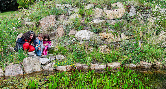 Eine Mutter und zwei Kinder beobachten das Biotop im Park der Villa Reitzenstein.