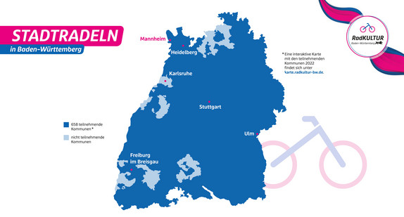Karte von Baden-Württemberg, auf der die am STADTRADELN teilnehmenden Kommunen flächig dunkelblau eingefärbt sind.