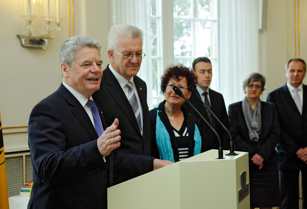 Bundespräsident Joachim Gauck bei seiner Ansprache in der Villa Reitzenstein