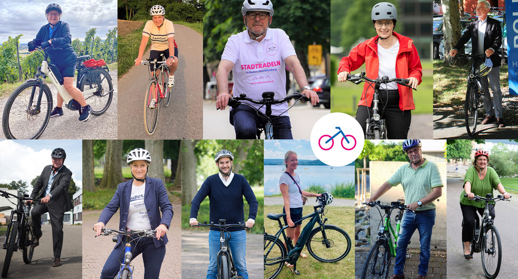 11 verschiedene Fotos zeigen jeweils einen Mann oder eine Frau auf einem Fahrrad wie sie auf einem Weg fahren.