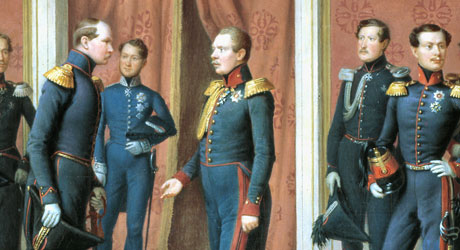 Gemälde zeigt König Wilhelm I. von Württemberg mit Offizieren in einem Raum mit roten Wänden im Halbkreis stehend. Im Hintergrund mit Vorhängen verhangener Ausgang. In der Bildmitte kleiner Hund. (Ausschnitt).