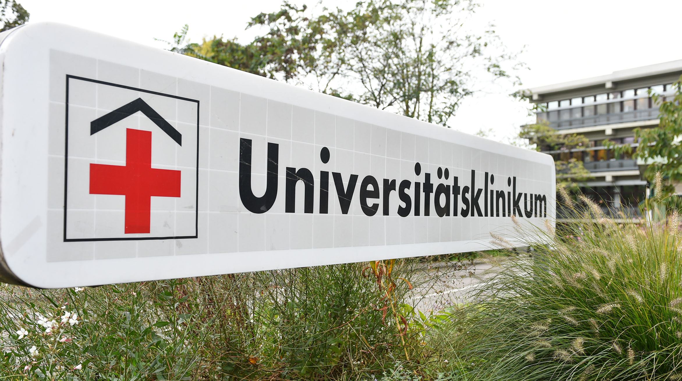 Ein Schild mit der Aufschrift "Universitätsklinikum" steht in Mannheim an einer Einfahrt zum Universitätsklinikum.