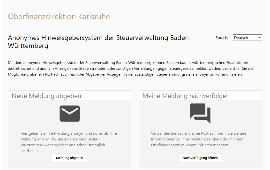Anonymes Hinweisgeberportal für Finanzämter freigeschaltet: Baden