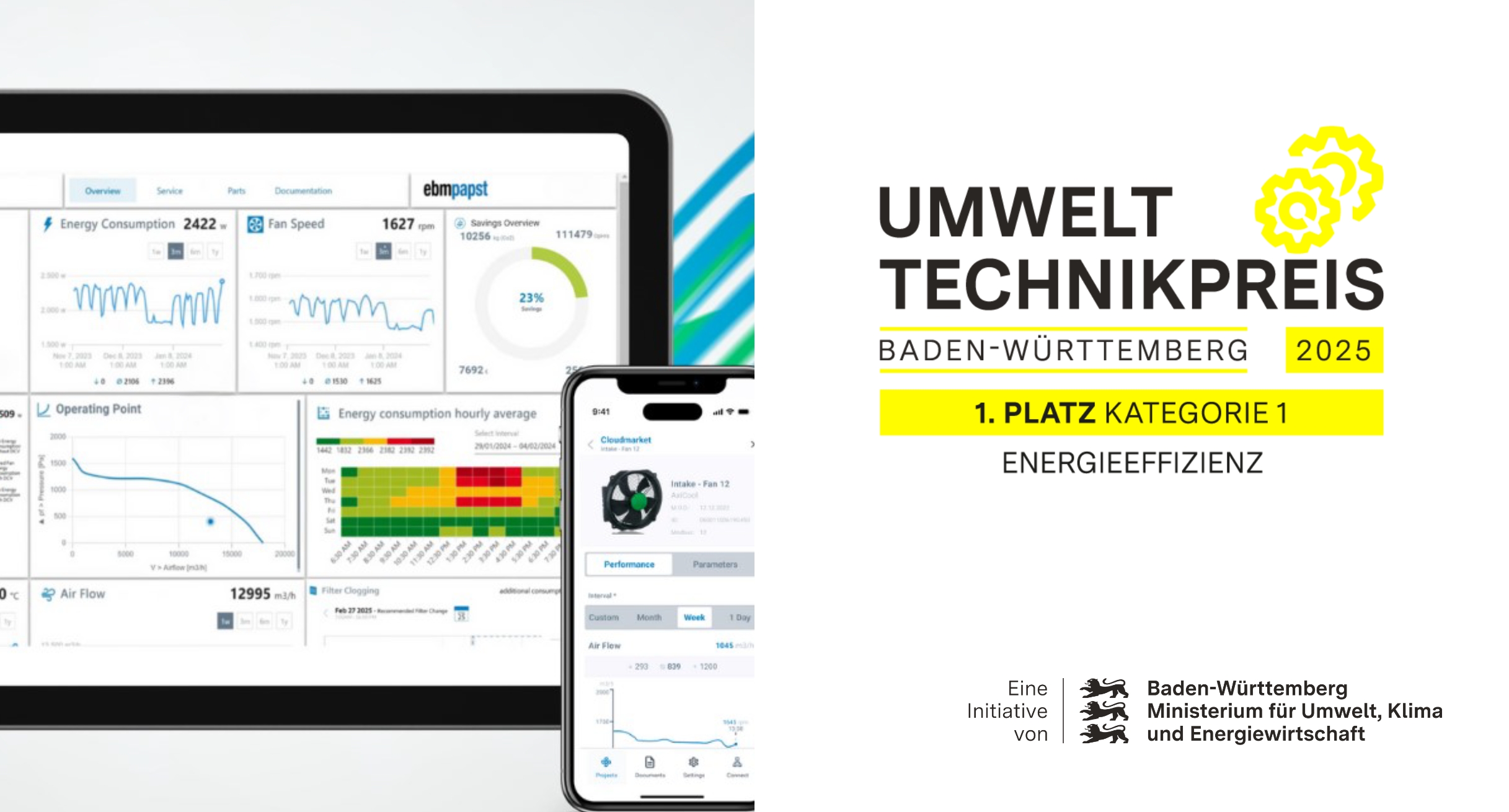Der erste Platz in der Kategorie „Energieeffizienz“ ging an die ebm‑papst Mulfingen GmbH & Co. KGAA & Co. KG mit ihrem Produkt NEXAIRA – hocheffiziente Ventilatoren mit digitalen Mehrwerten.