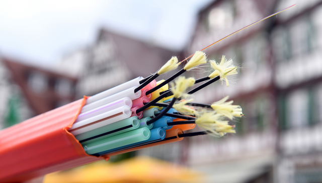 Eine Hand h&auml;lt ein Leerrohrb&uuml;ndel mit Glasfaserkabeln eines Breitband-Versorgers. (Foto: &copy; dpa)