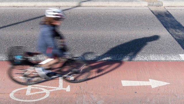 Ein Fahrradfahrer f&auml;hrt auf einem Radweg, der an einer Stra&szlig;e entlang l&auml;uft.