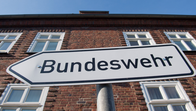 Ein Hinweisschild mit dem Schriftzug &bdquo;Bundeswehr&ldquo; steht auf dem Gel&auml;nde einer Bundesliegenschaft.