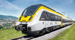 Elektrischer Zug in schwarz-gelbem Design f&auml;hrt durch eine gr&uuml;ne Landschaft.
