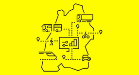 Verschiedene Mobilit&auml;tsicons von Bus &uuml;ber Auto bis Bahn liegen auf einer Baden-W&uuml;rttemberg-Karte.