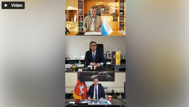In drei &uuml;bereinander angeordneten Bildausschnitten sind die Ministerpr&auml;sidenten von Bayern, Baden-W&uuml;rttemberg und Niedersachsen zu sehen; sie sitzen jeweils in separaten B&uuml;ros an einem Schreibtisch mit den jeweiligen L&auml;nder-Flaggen.