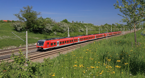 Regiobahn f&auml;hrt auf Schienen durch eine gr&uuml;ne Landschaft.