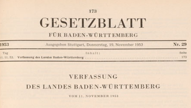 Auszug aus dem Original-Gesetzblatt von 1953, in dem die neue Landesverfassung für Baden-Württemberg veröffentlicht wurde. (Bild: Haus der Geschichte Stuttgart)